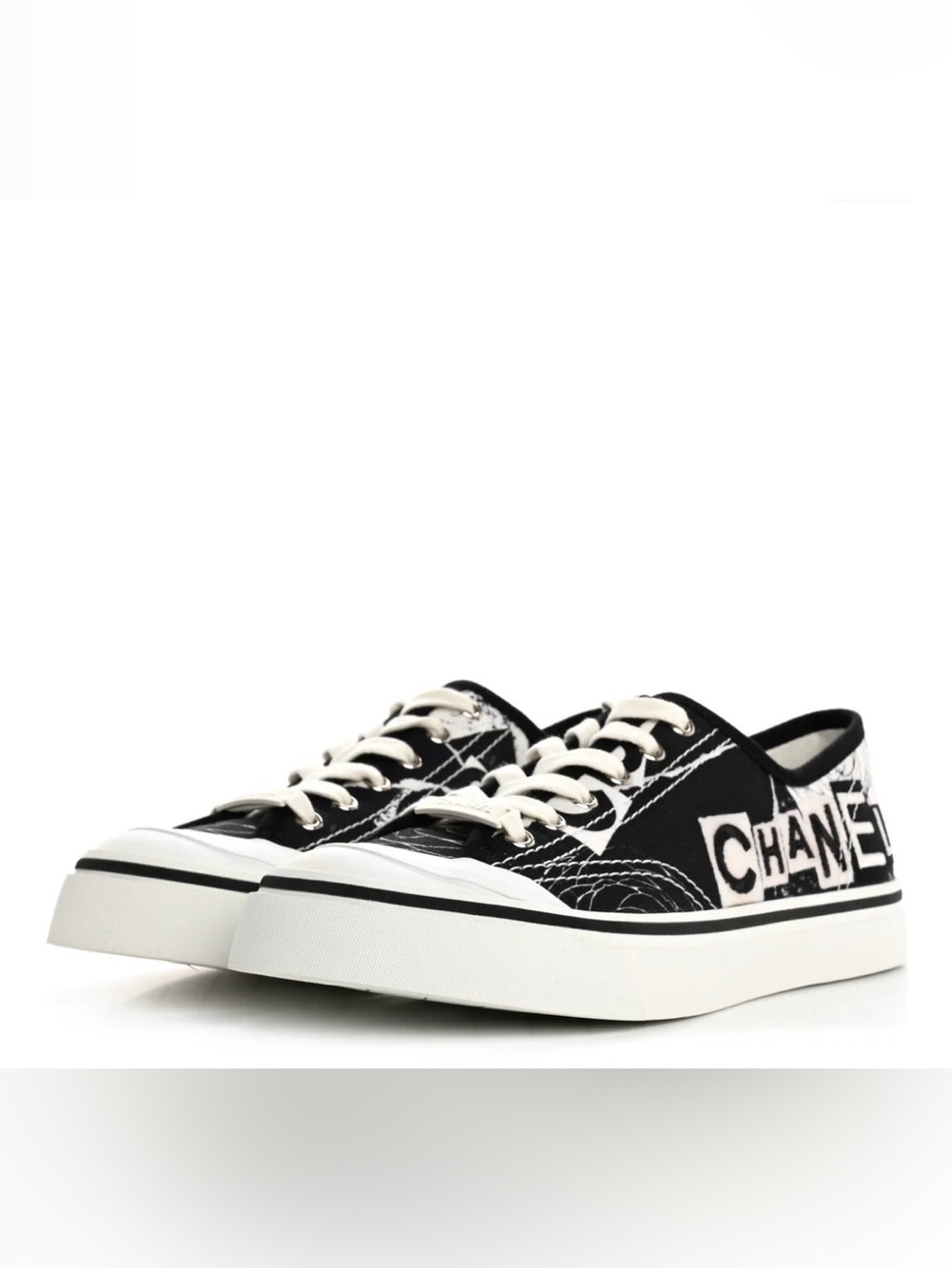 Chanel Black & White Canvas Graffiti Low-Top Sneakers